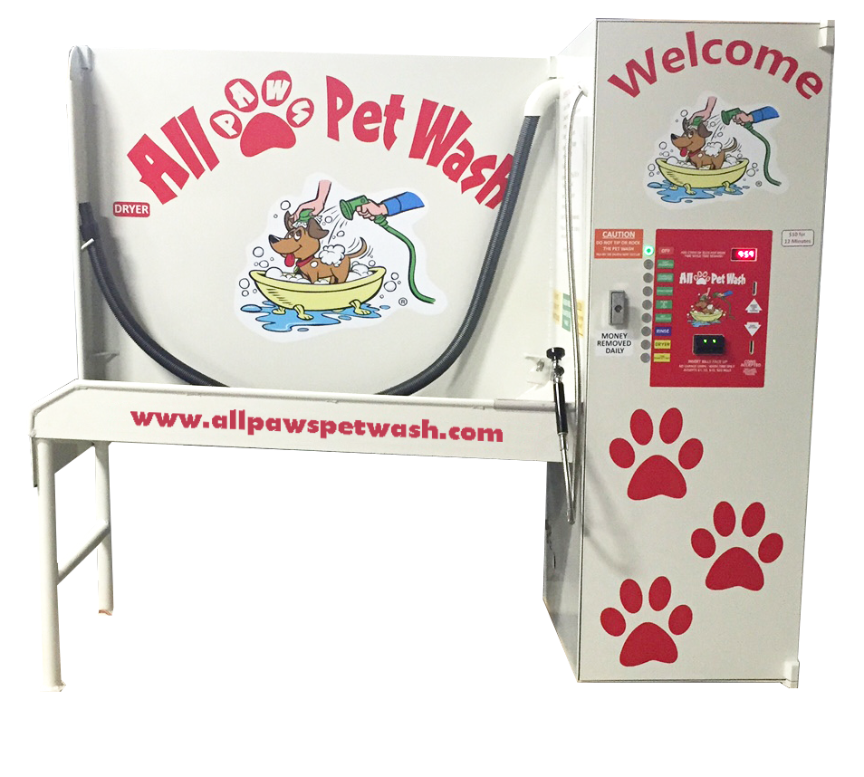 a white and red pet washing tub that says All Paws Pet Wash on it