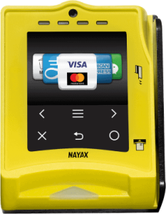 a yellow nayax device with a visa card on it