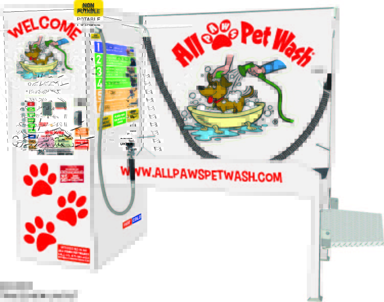 an artist's rendering of a white and red All Paws Pet Washing station