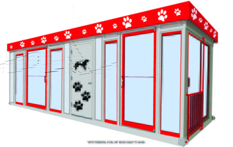 a rendering of a double kiosk with paw prints on it