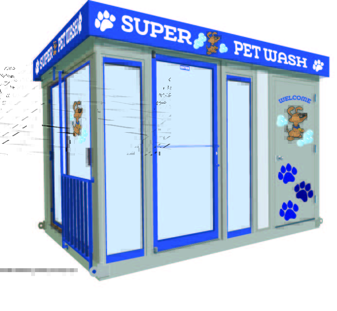 a rendering of a blue and white kiosk that says super pet wash on it
