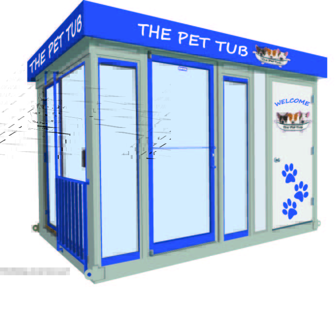 a rendering of blue and white pet washing kiosk that says the pet tub
