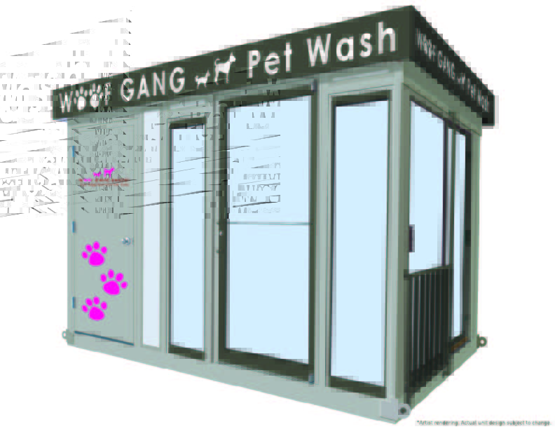 a rendering of a building that says woof gang pet wash with pink paw prints